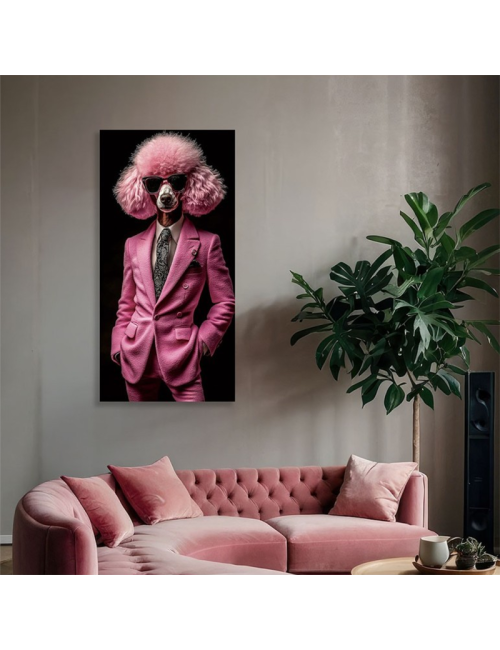 Tableau caniche en costume rose sur verre