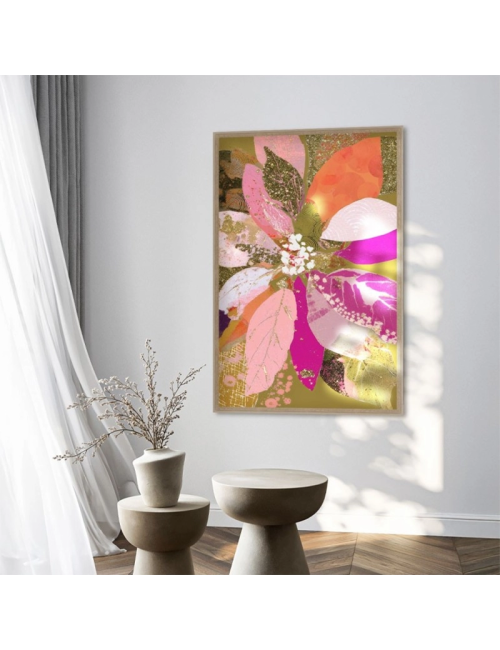 Tableau floral abstrait rose et doré – Orya