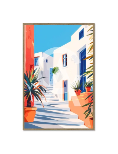 Grand tableau village grec 80x120 Escalier vers Santorin – Kalyssa