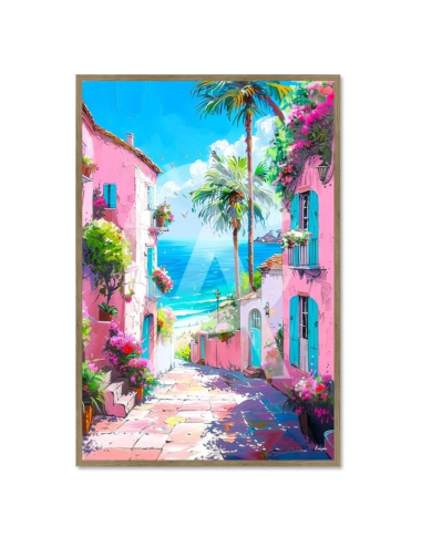 Tableau village méditerranéen 80x120 Ruelle Fleurie vers la Mer – Kalyssa