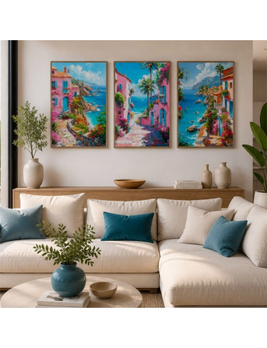 Tableau Village Côtier 80x120 Maison Rose sur la Côte – Kalyssa
